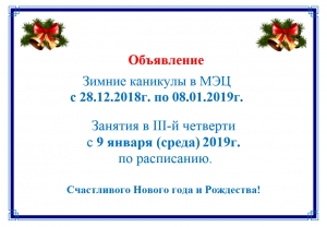 Режим работы МЭЦ в дни зимних каникул